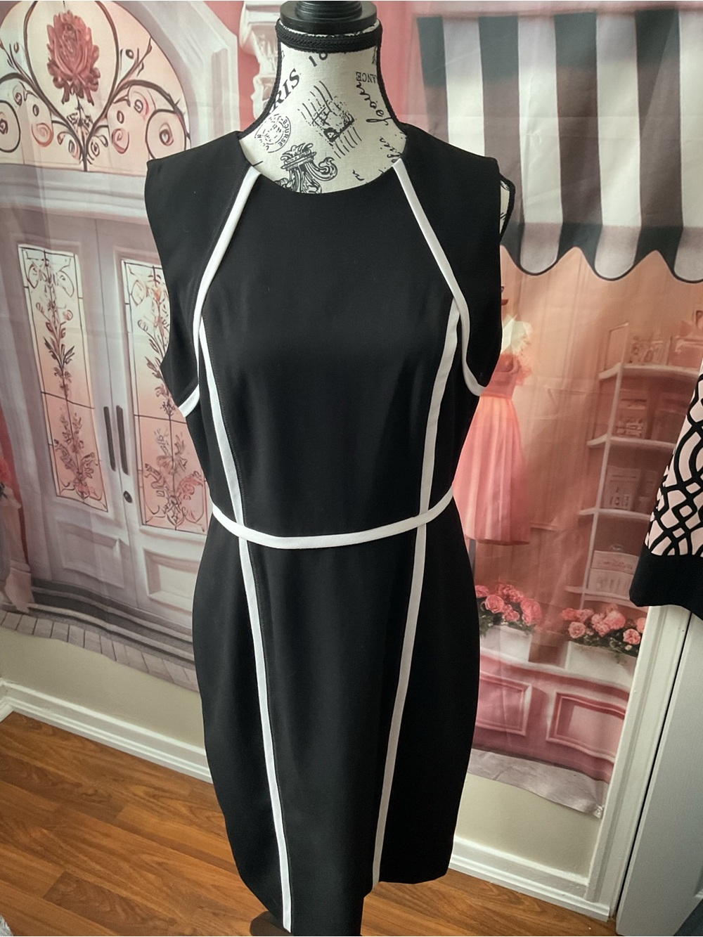 Calvin Klein Black Midi Sheath Dress with White Piping